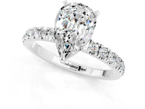 White gold Pear Cut Moissanite Solitaire Ring with Pavé Accents and Four-Prong Setting_1