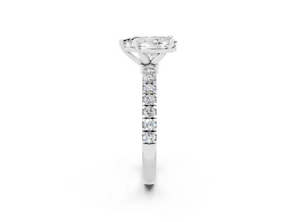 Silver Pear Cut Moissanite Solitaire Ring with Pavé Accents and Four-Prong Setting