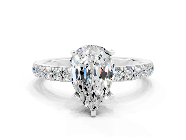 Silver Pear Cut Moissanite Solitaire Ring with Pavé Accents and Four-Prong Setting