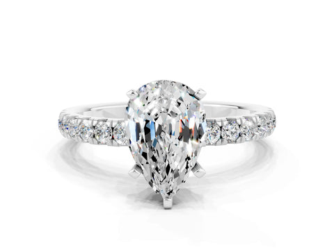 White gold Pear Cut Moissanite Solitaire Ring with Pavé Accents and Four-Prong Setting