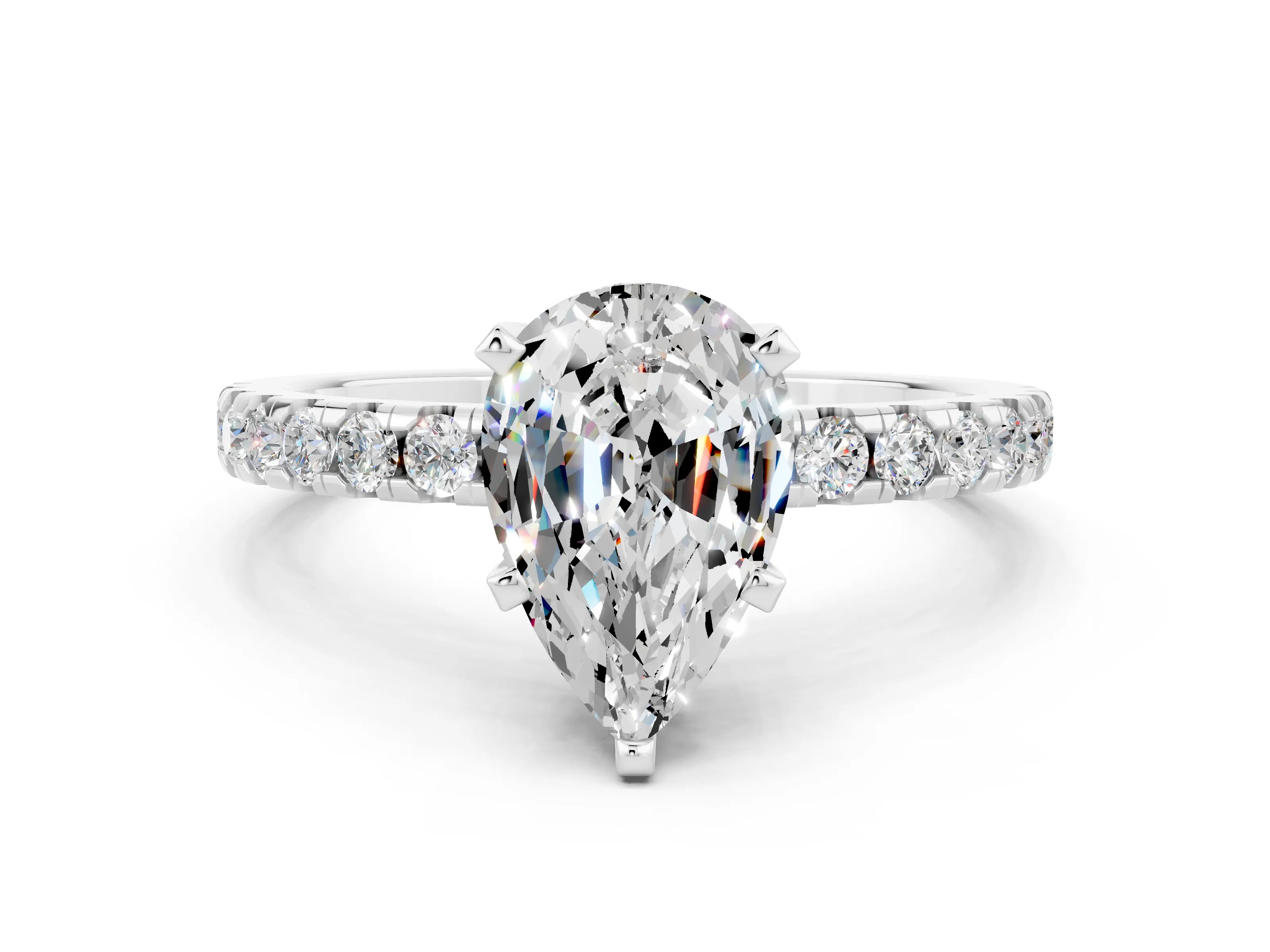 White gold Pear Cut Moissanite Solitaire Ring with Pavé Band and Four-Prong Setting_24