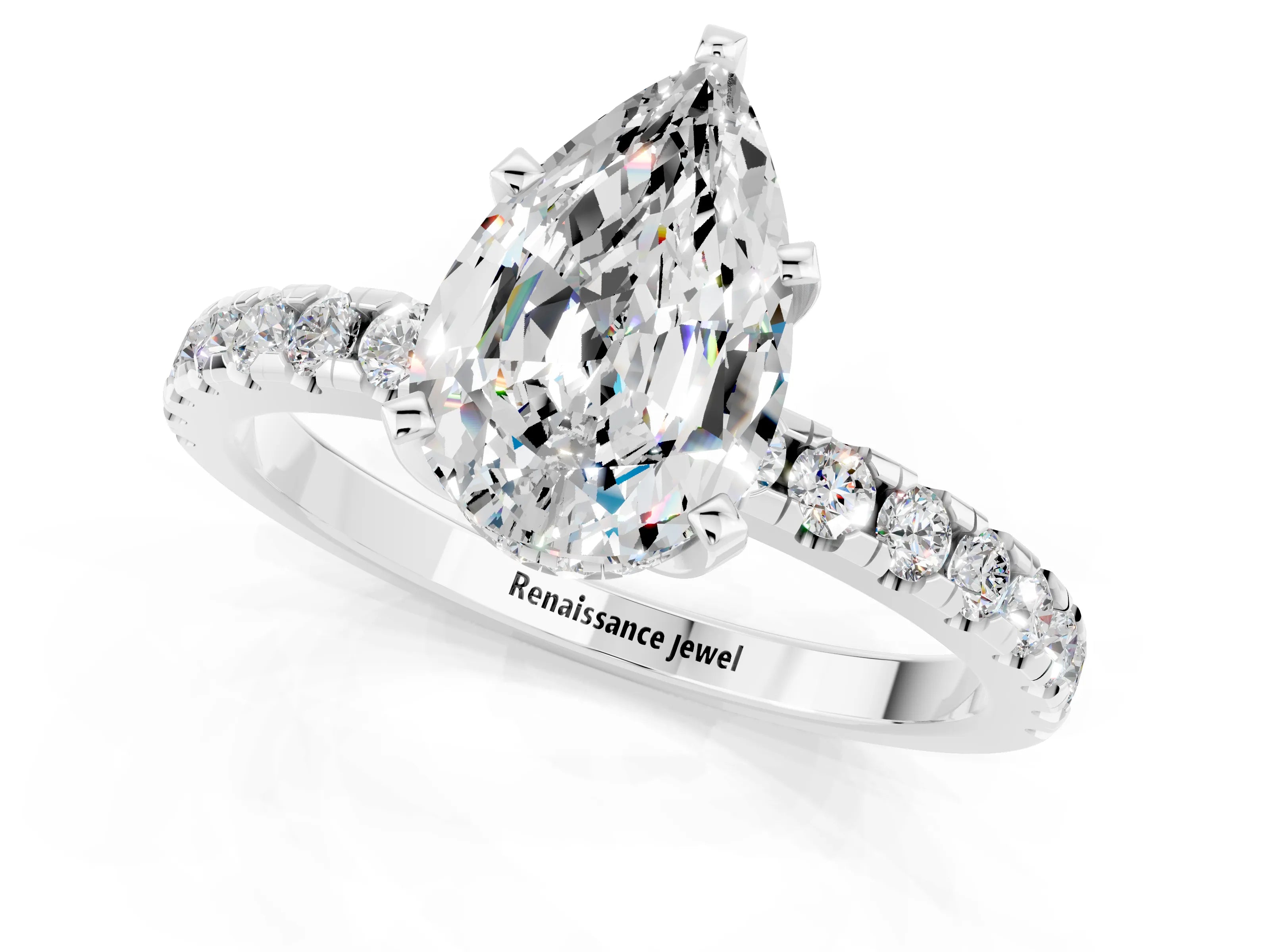White gold Pear Cut Moissanite Solitaire Ring with Pavé Band and Four-Prong Setting_25