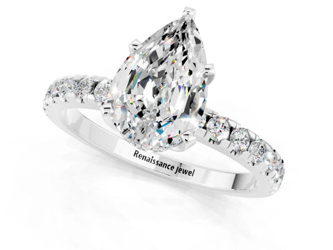 White gold Pear Cut Moissanite Solitaire Ring with Pavé Band and Four-Prong Setting_25