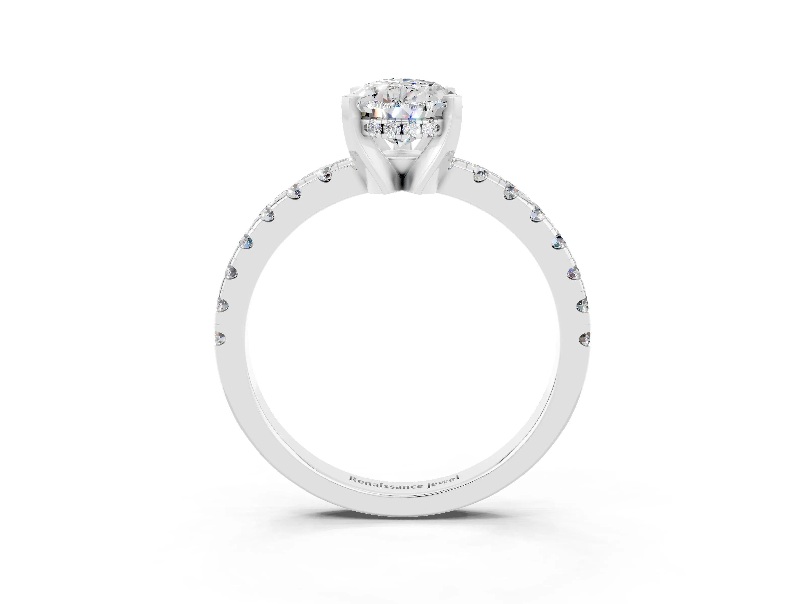 White gold Pear Cut Moissanite Solitaire Ring with Pavé Band and Four-Prong Setting_27