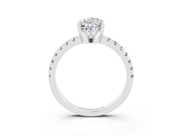 Silver Pear Cut Moissanite Solitaire Ring with Round  Pavé Band and Four-Prong Setting
