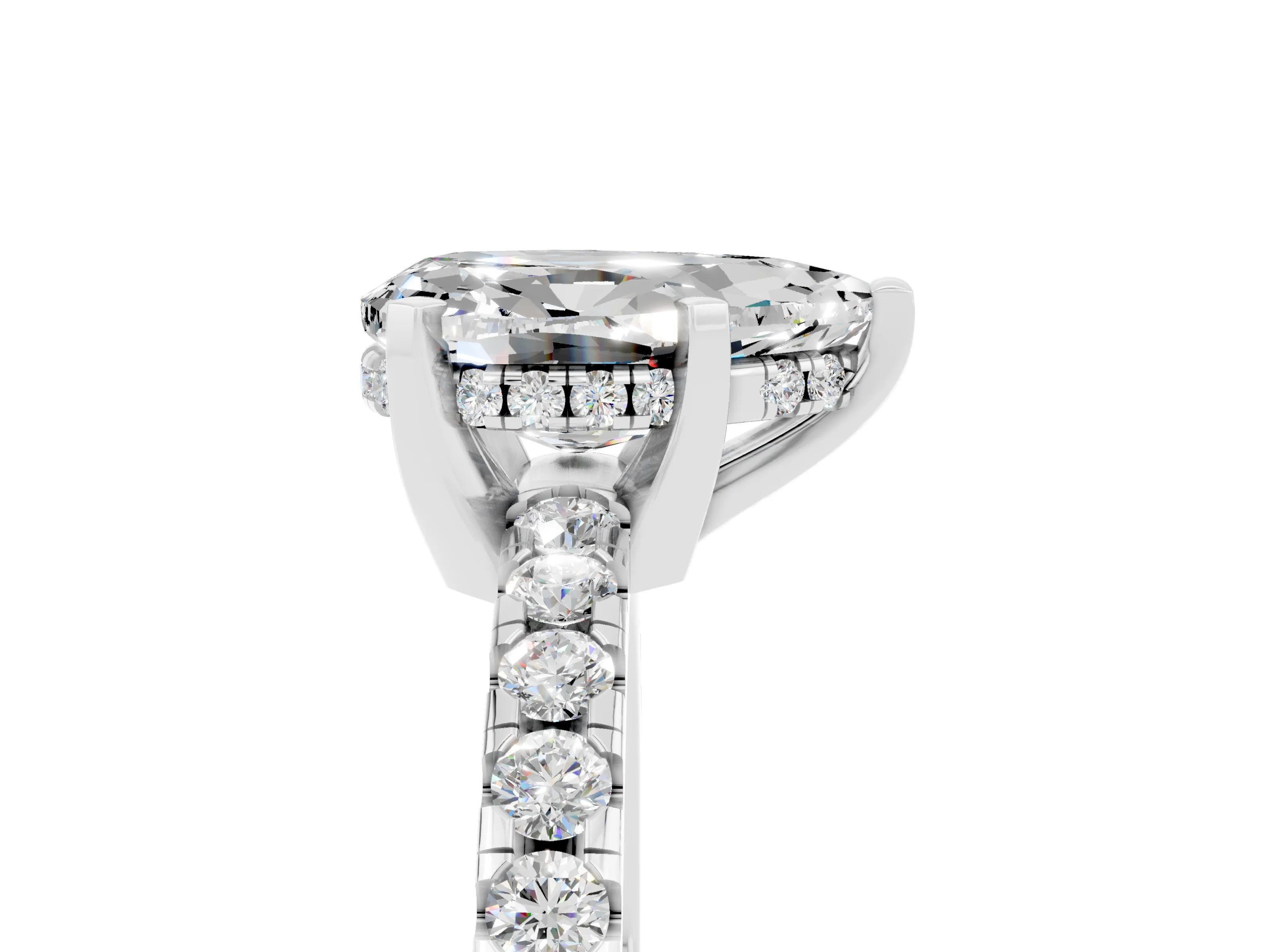 White gold Pear Cut Moissanite Solitaire Ring with Pavé Band and Four-Prong Setting_29