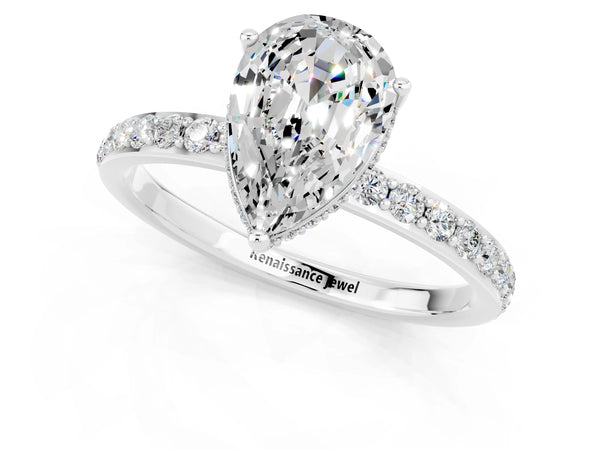Platinum Pear Cut Moissanite Solitaire Ring with Pavé Band and Hidden Halo
