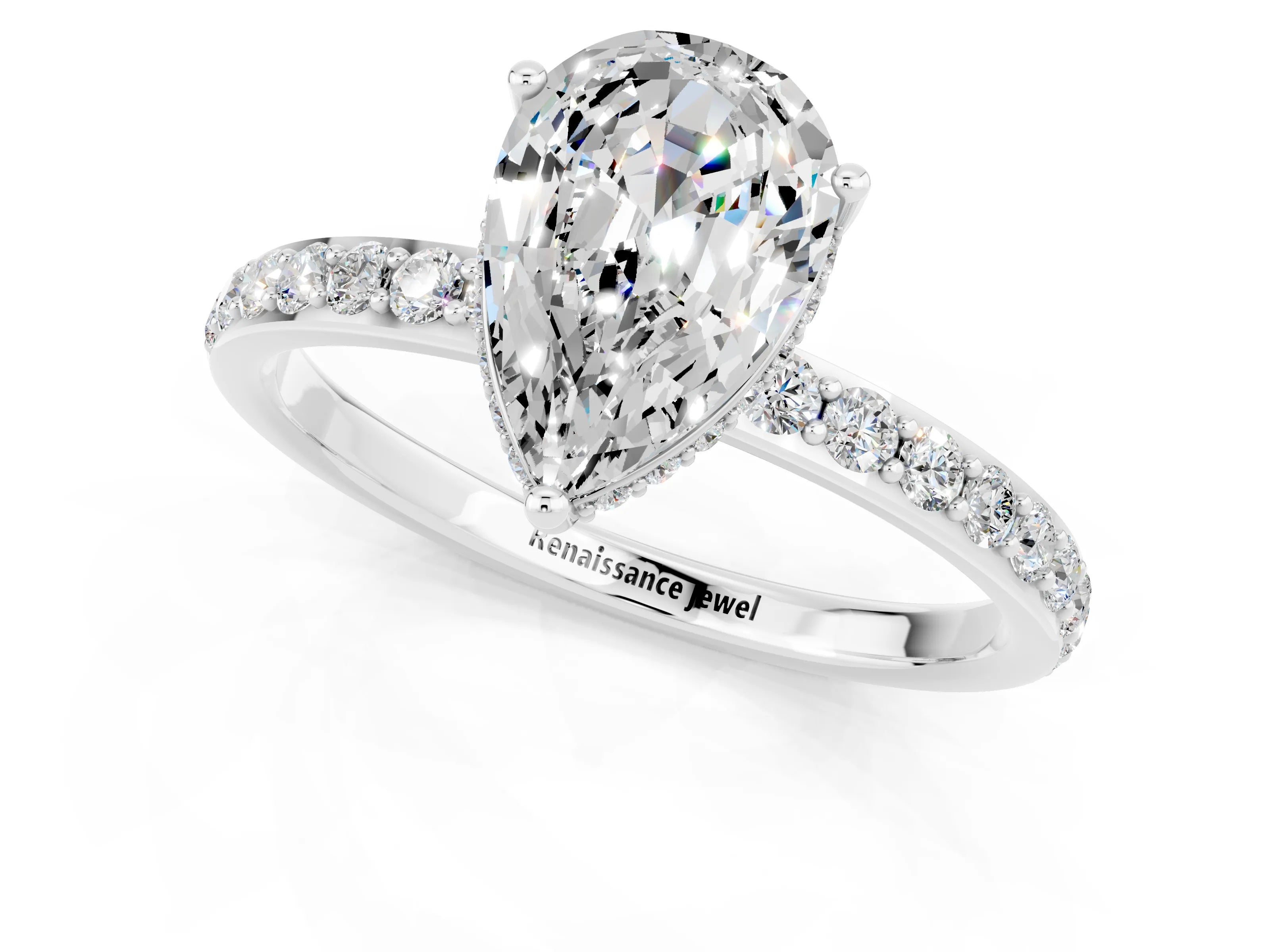 White gold Pear Cut Moissanite Solitaire Ring with Pavé Band and Hidden Halo_1