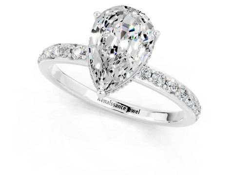 White gold Pear Cut Moissanite Solitaire Ring with Pavé Band and Hidden Halo_1