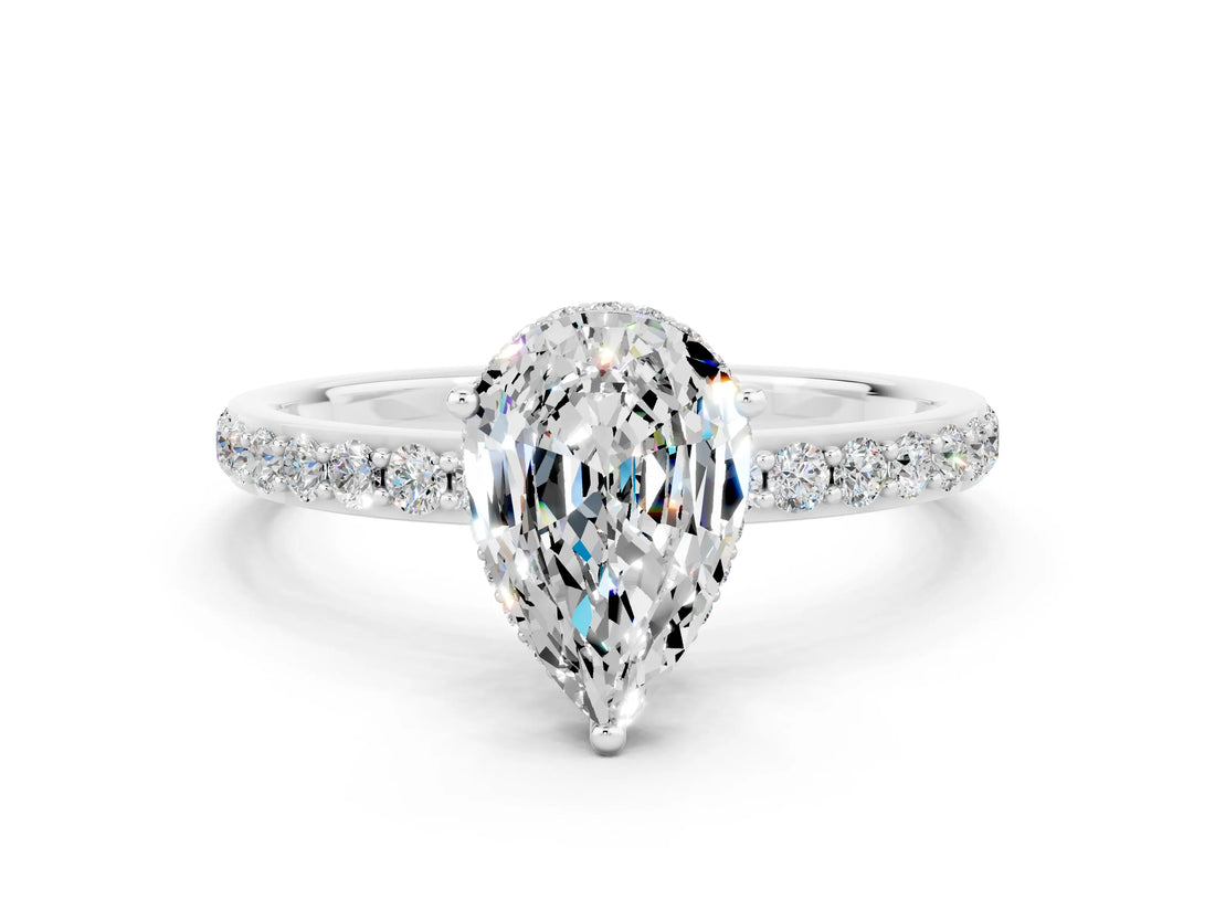 Silver Moissanite Solitaire Ring with Pavé Band and Hidden Halo