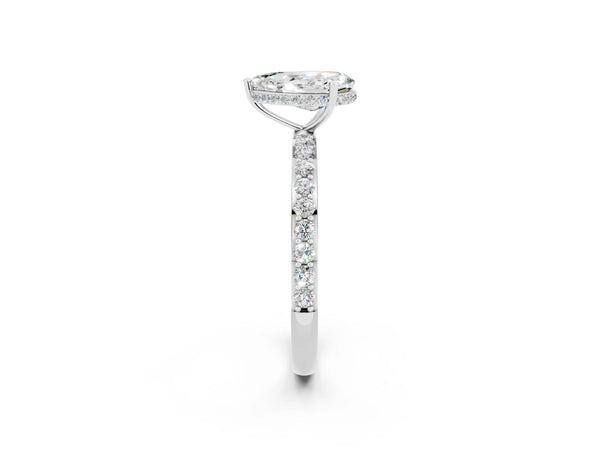 Platinum Pear Cut Moissanite Solitaire Ring with Pavé Band and Hidden Halo