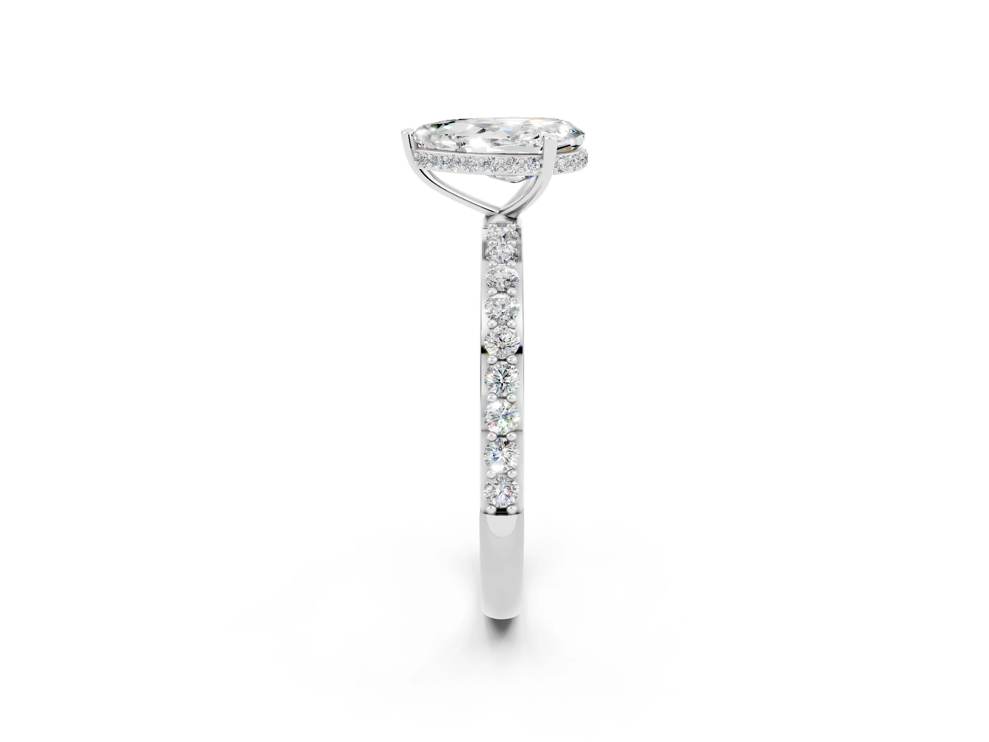 White gold Pear Cut Moissanite Solitaire Ring with Pavé Band and Hidden Halo_26