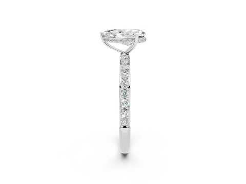 White gold Pear Cut Moissanite Solitaire Ring with Pavé Band and Hidden Halo_26
