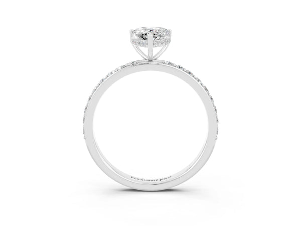 White gold Pear Cut Moissanite Solitaire Ring with Pavé Band and Hidden Halo