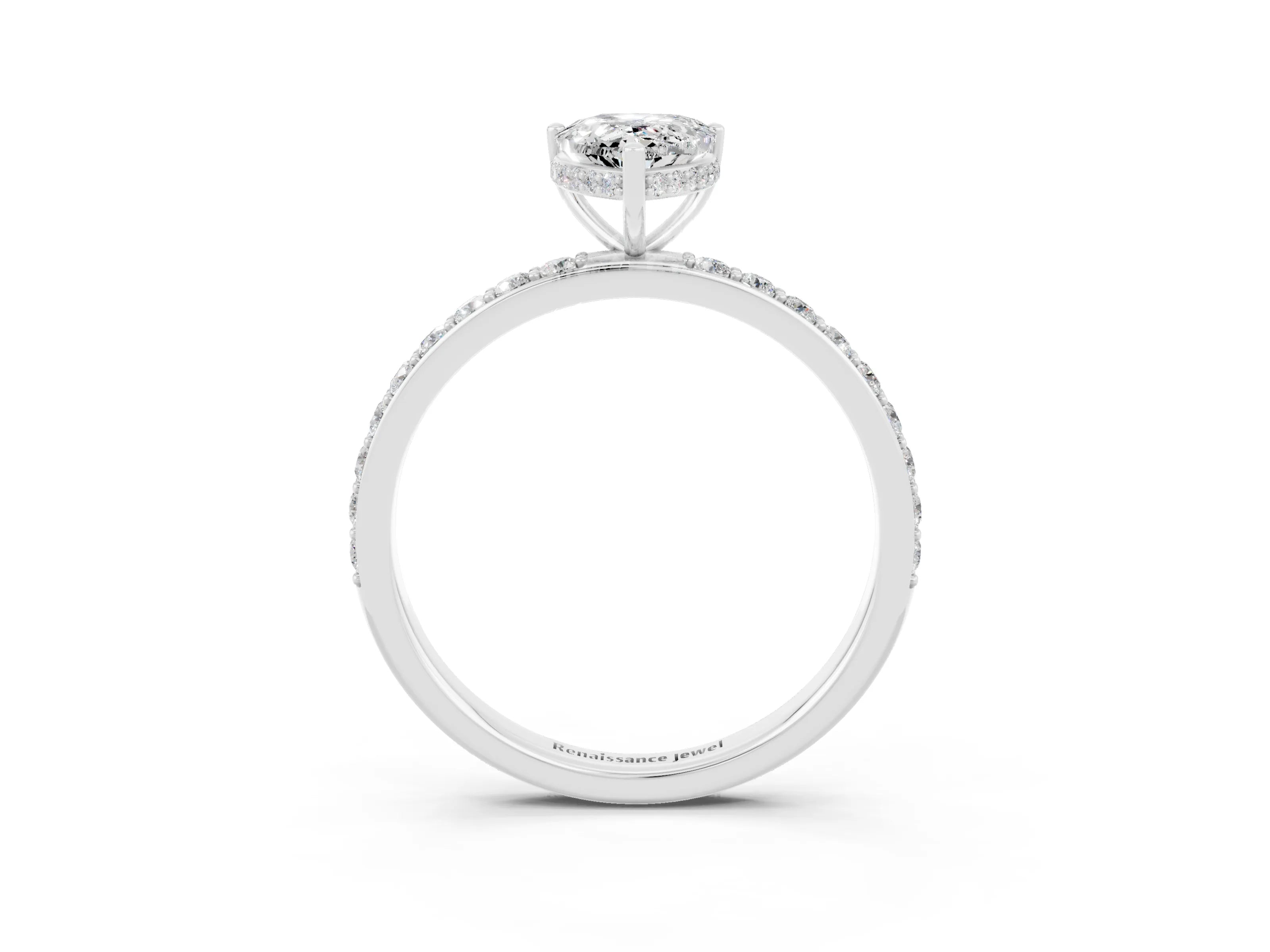 White gold Pear Cut Moissanite Solitaire Ring with Pavé Band and Hidden Halo_3