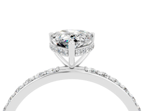 White gold Pear Cut Moissanite Solitaire Ring with Pavé Band and Hidden Halo_4