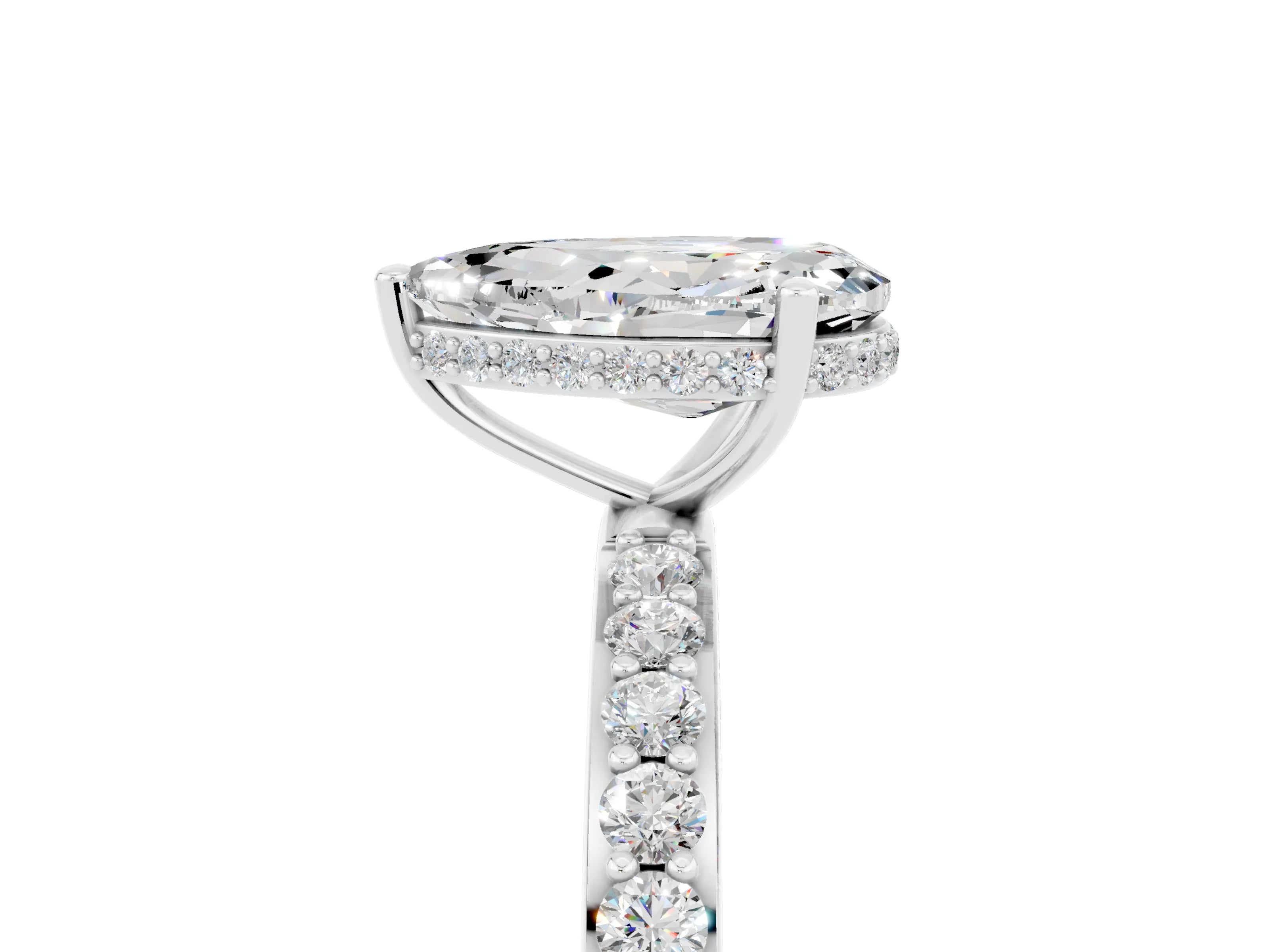 White gold Pear Cut Moissanite Solitaire Ring with Pavé Band and Hidden Halo_5