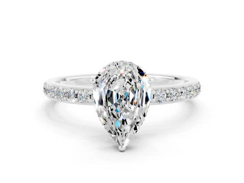 White gold Pear Cut Moissanite Solitaire Ring with Pavé Band and Hidden Halo