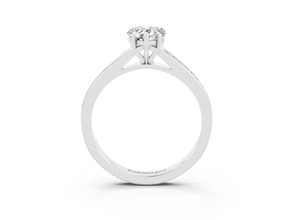 White gold Pear Cut Moissanite Solitaire Ring with Pavé Band and Prong Setting