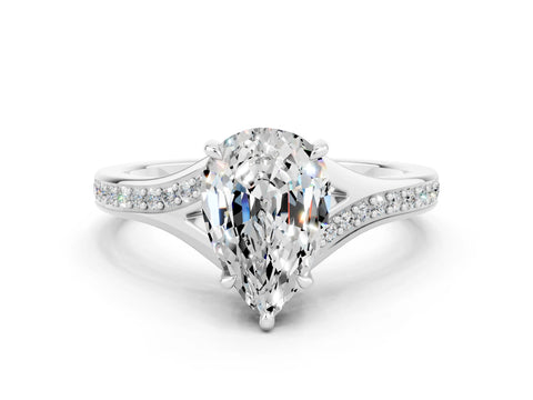 White gold Pear Cut Moissanite Solitaire Ring with Pavé Band and Prong Setting
