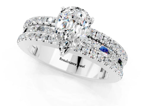 White gold Pear Cut Moissanite Solitaire Ring with Pavé and Channel Set Band_1