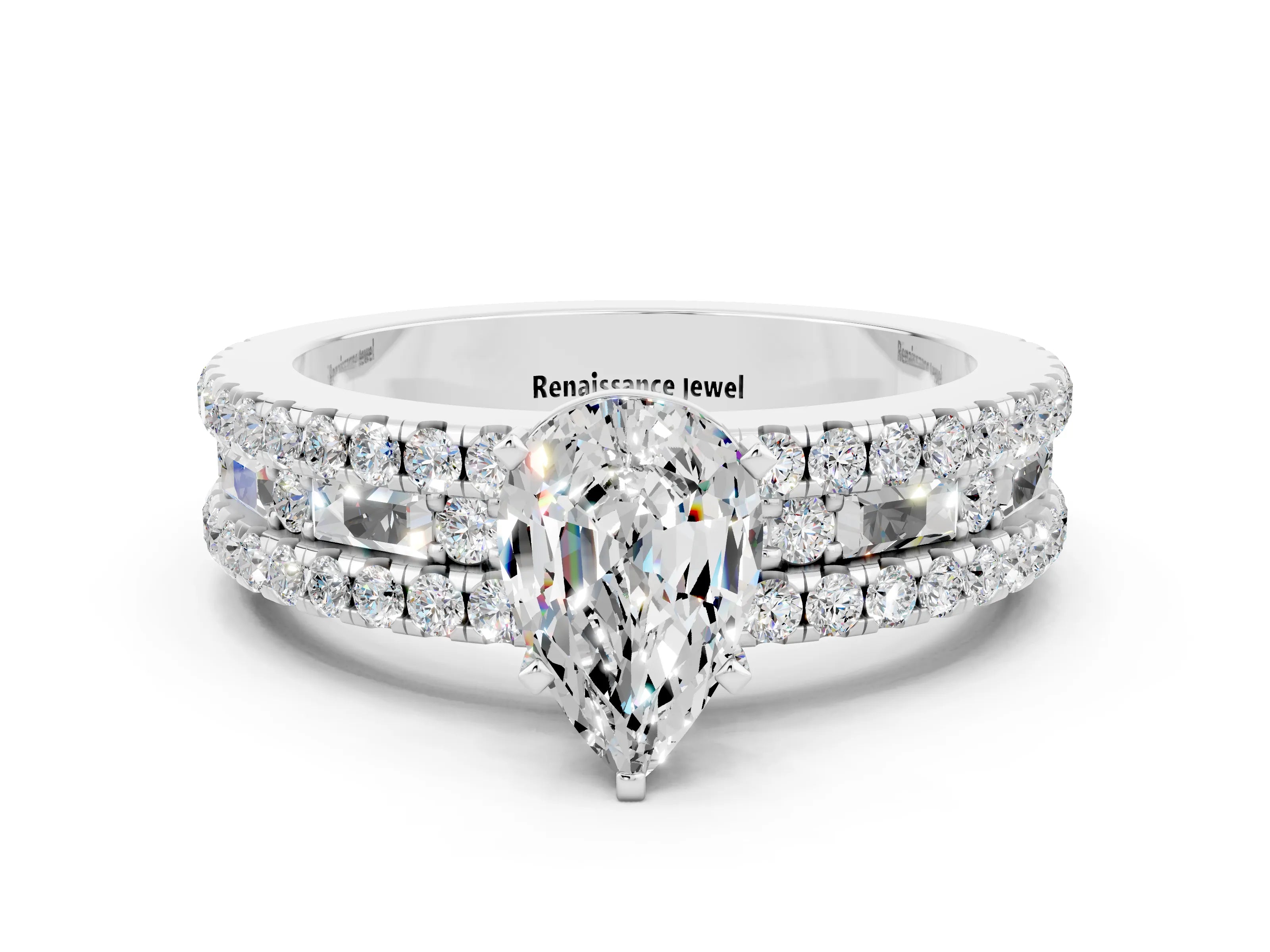 White gold Pear Cut Moissanite Solitaire Ring with Pavé and Channel Set Band
