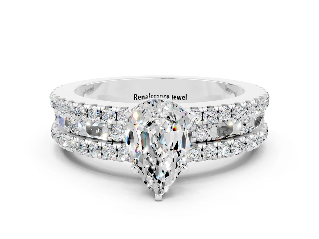 White gold Pear Cut Moissanite Solitaire Ring with Pavé and Channel Set Band