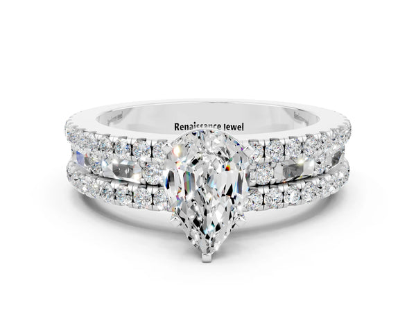 Silver Pear Cut Moissanite Solitaire Ring with Pavé and Channel Set Band