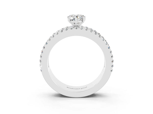 Silver Pear Cut Moissanite Solitaire Ring with Pavé and Channel Set Band