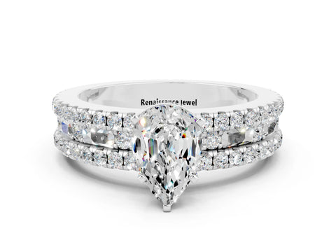 White gold Pear Cut Moissanite Solitaire Ring with Pavé and Channel Set Band