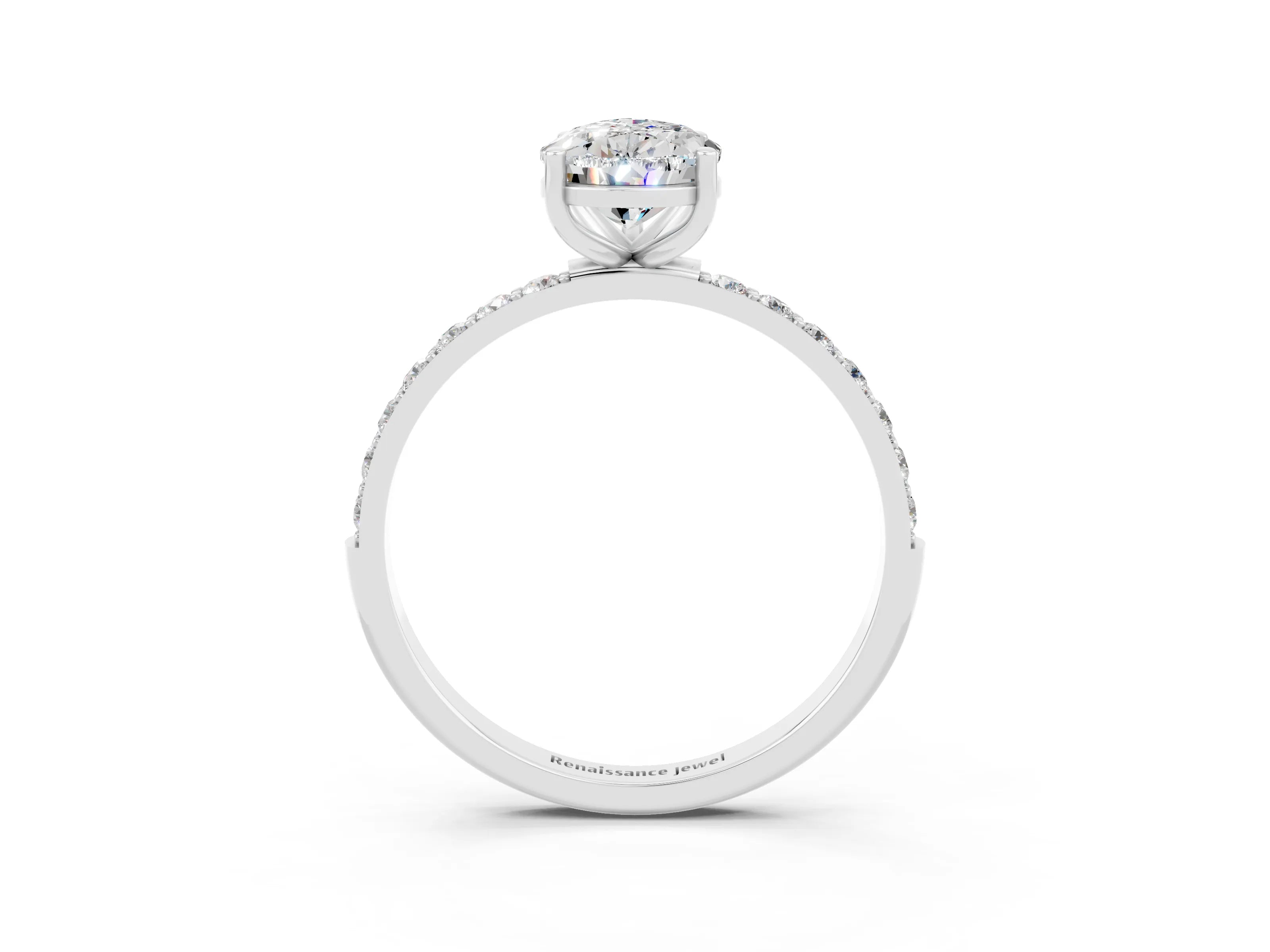 White gold Pear Cut Moissanite Solitaire Ring with Pave Band and Four Prong Setting_15