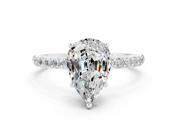 White gold Pear Cut Moissanite Solitaire Ring with Round  Pavé Band and Prong Setting