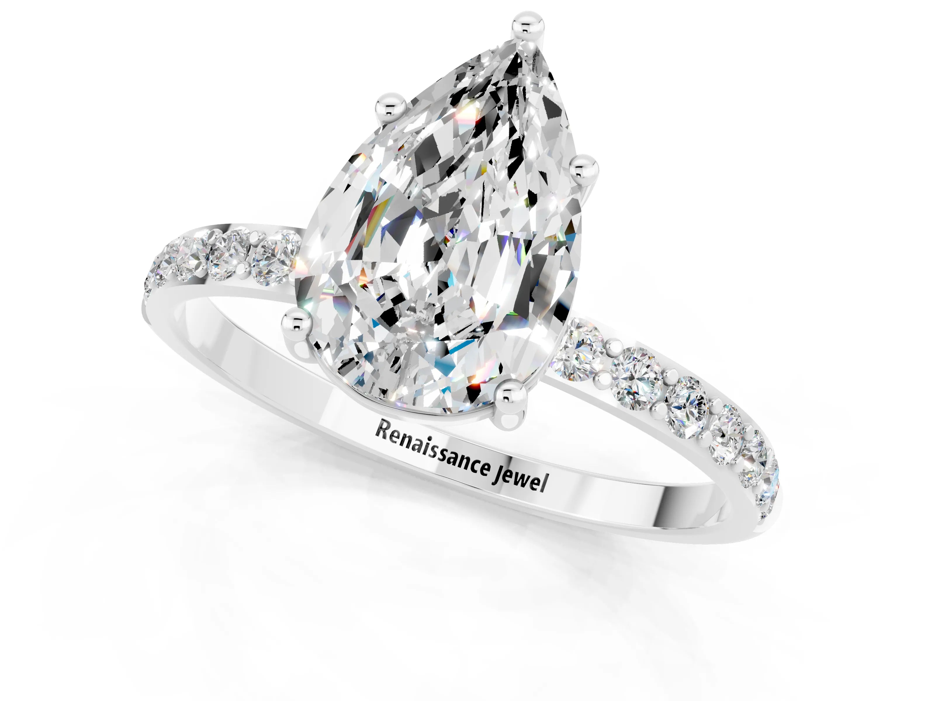 White gold Pear Cut Moissanite Solitaire Ring with Pave Band and Four Prong Setting_25