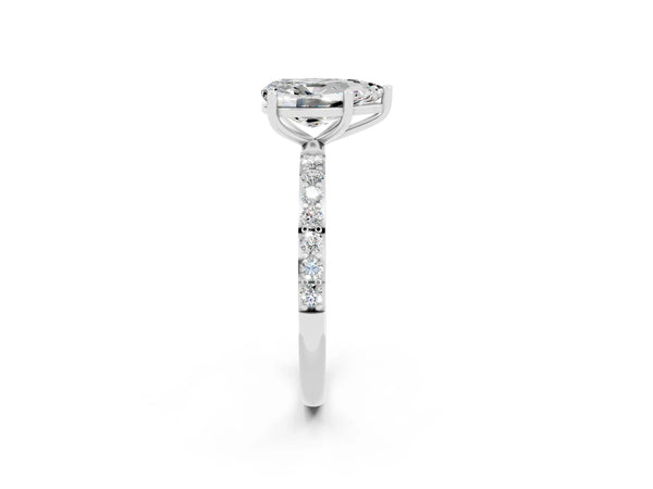 Silver Pear Cut Moissanite Solitaire Ring with Round  Pavé Band and Prong Setting