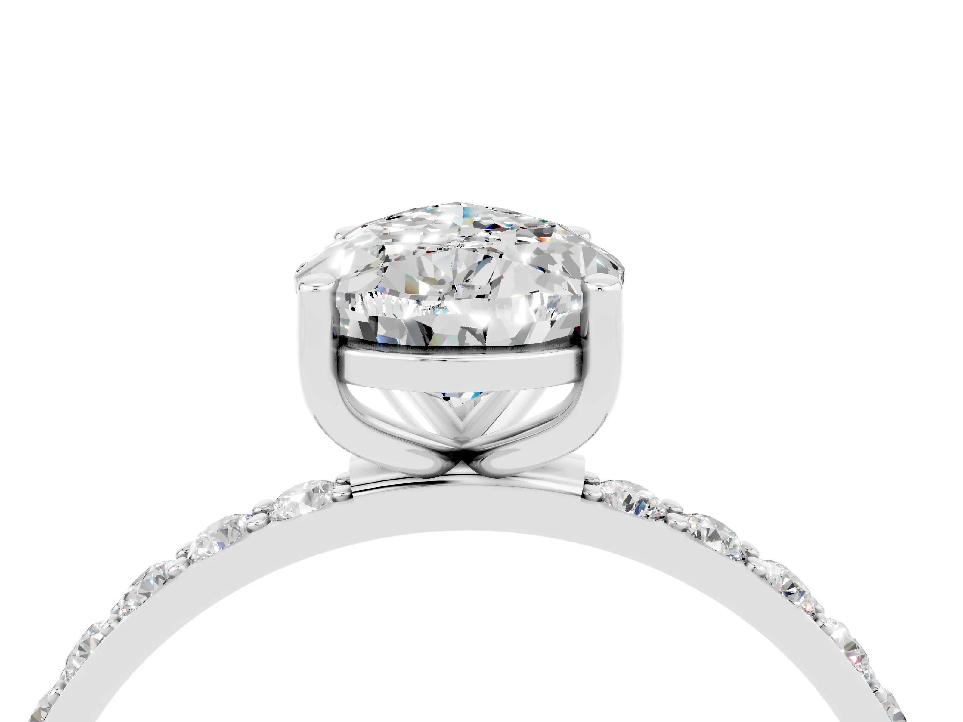 White gold Pear Cut Moissanite Solitaire Ring with Pave Band and Four Prong Setting_28