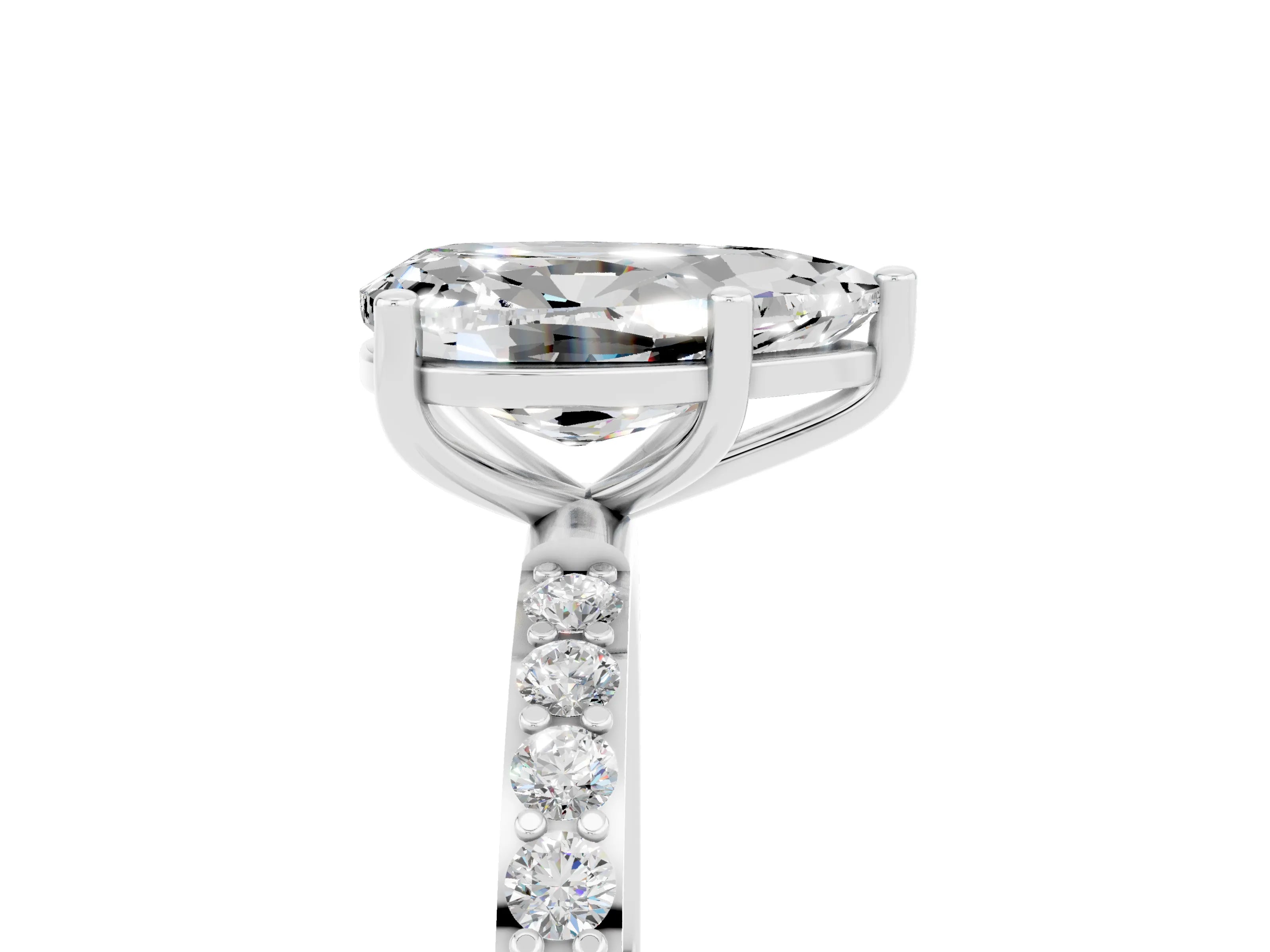 White gold Pear Cut Moissanite Solitaire Ring with Pave Band and Four Prong Setting_29