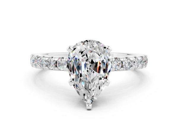 White gold Pear Cut Moissanite Solitaire Ring with Round  Pavé Band and Four-Prong Setting