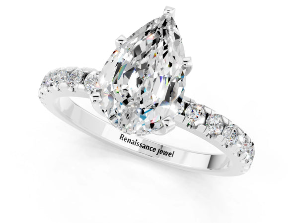White gold Pear Cut Moissanite Solitaire Ring with Round  Pavé Band and Four-Prong Setting