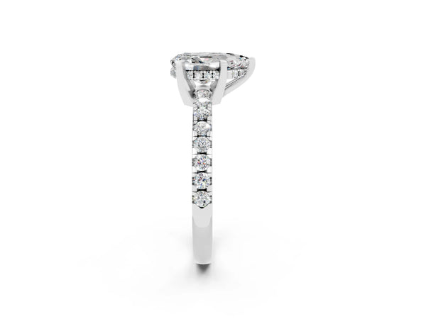 White gold Pear Cut Moissanite Solitaire Ring with Round  Pavé Band and Four-Prong Setting