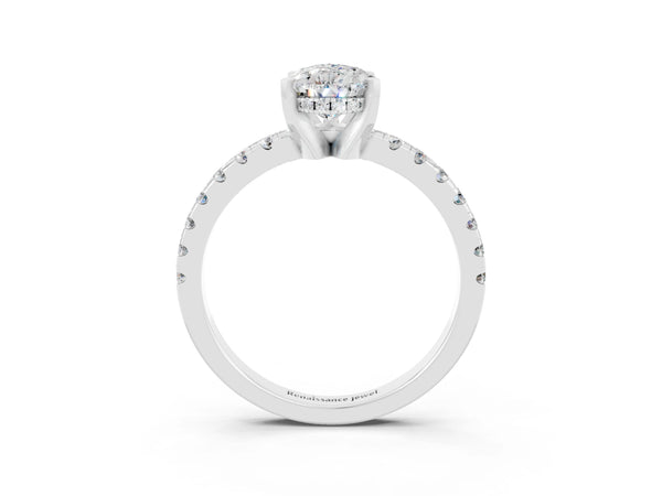 White gold Pear Cut Moissanite Solitaire Ring with Round  Pavé Band and Four-Prong Setting