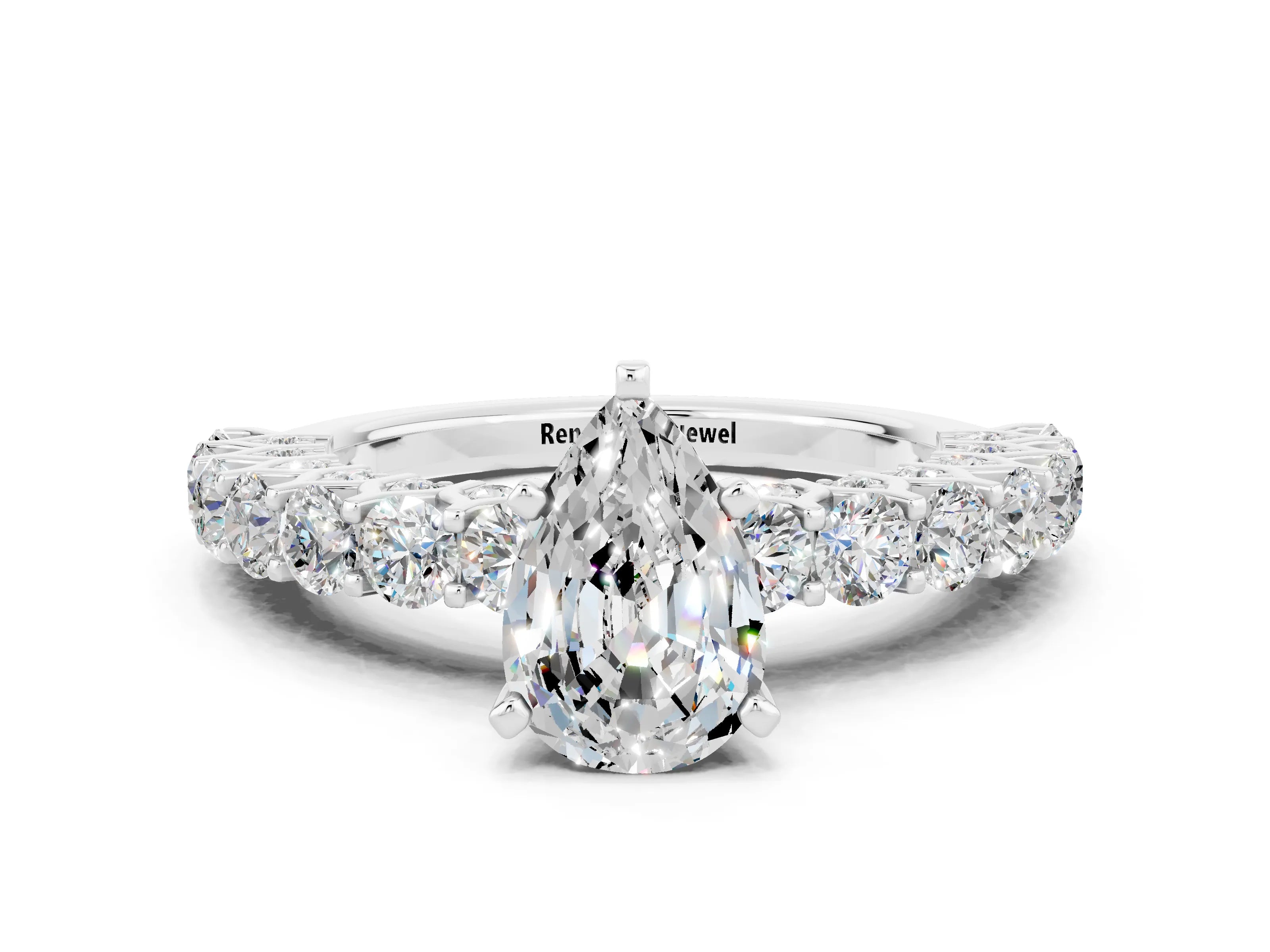 White gold Pear Cut Moissanite Solitaire Ring with Shared Prong Pavé Band and Four-Prong Setting
