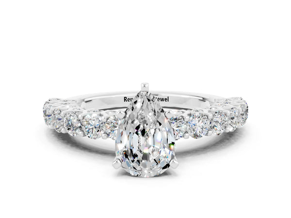 Platinum Pear Cut Moissanite Solitaire Ring with Shared Prong Pavé Band and Four-Prong Setting