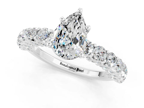 White gold Pear Cut Moissanite Solitaire Ring with Shared Prong Pavé Band and Four-Prong Setting_1