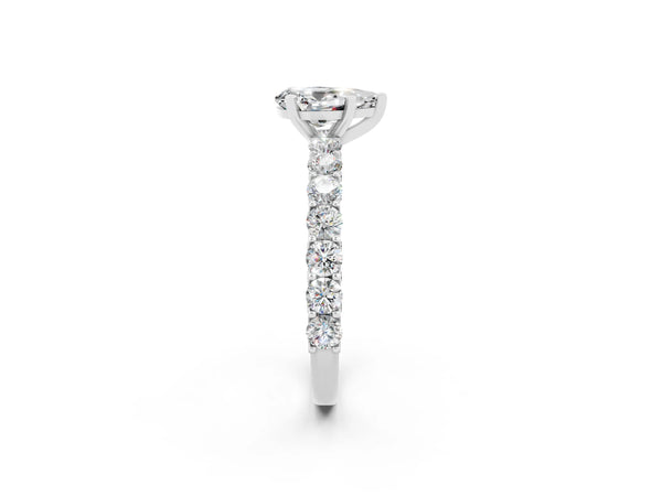 Platinum Pear Cut Moissanite Solitaire Ring with Shared Prong Pavé Band and Four-Prong Setting