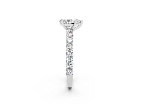 White gold Pear Cut Moissanite Solitaire Ring with Shared Prong Pavé Band and Four-Prong Setting_2