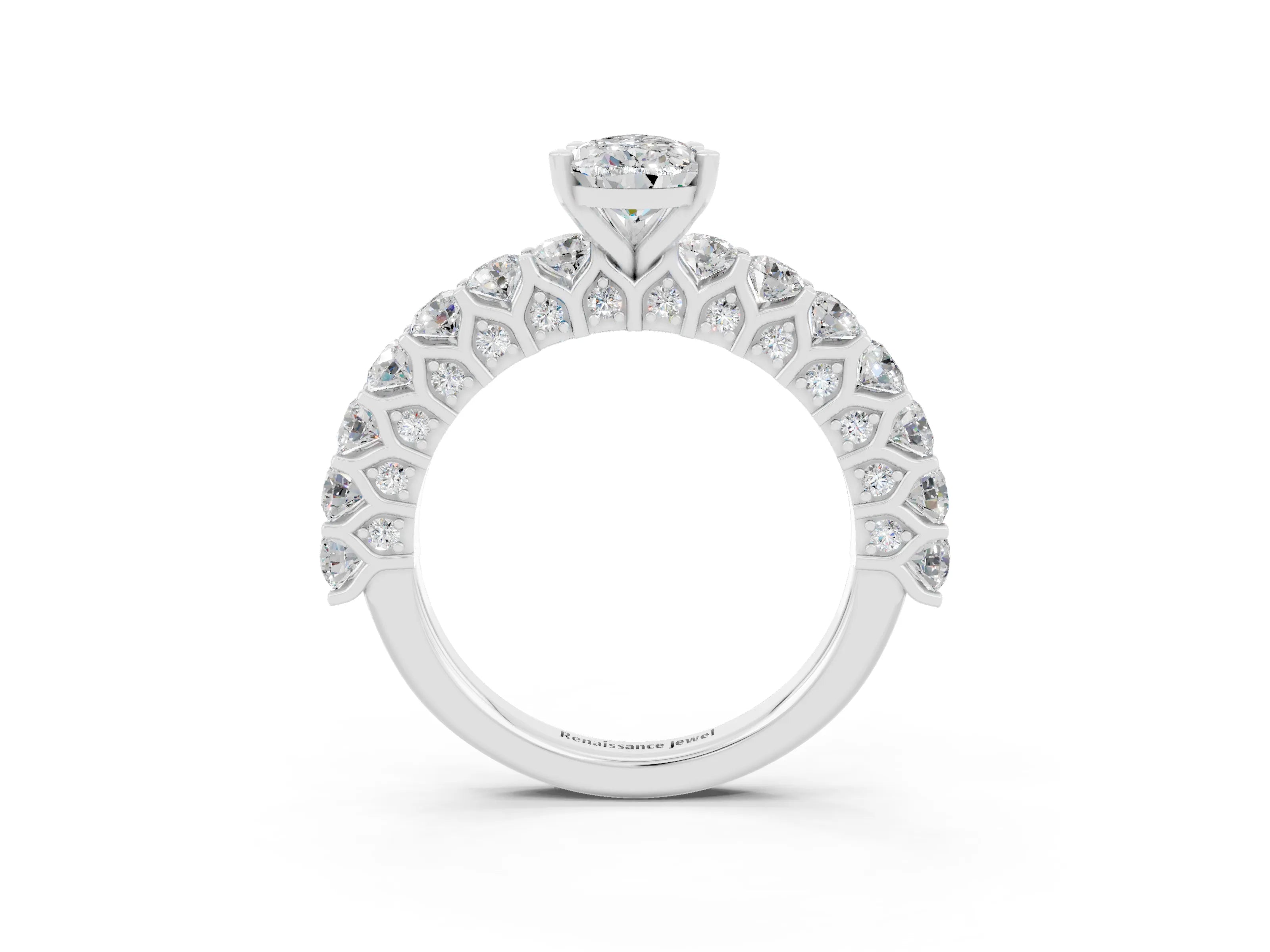 White gold Pear Cut Moissanite Solitaire Ring with Shared Prong Pavé Band and Four-Prong Setting_3