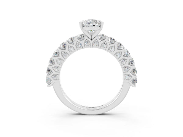 White gold Pear Cut Moissanite Solitaire Ring with Shared Prong Pavé Band and Four-Prong Setting