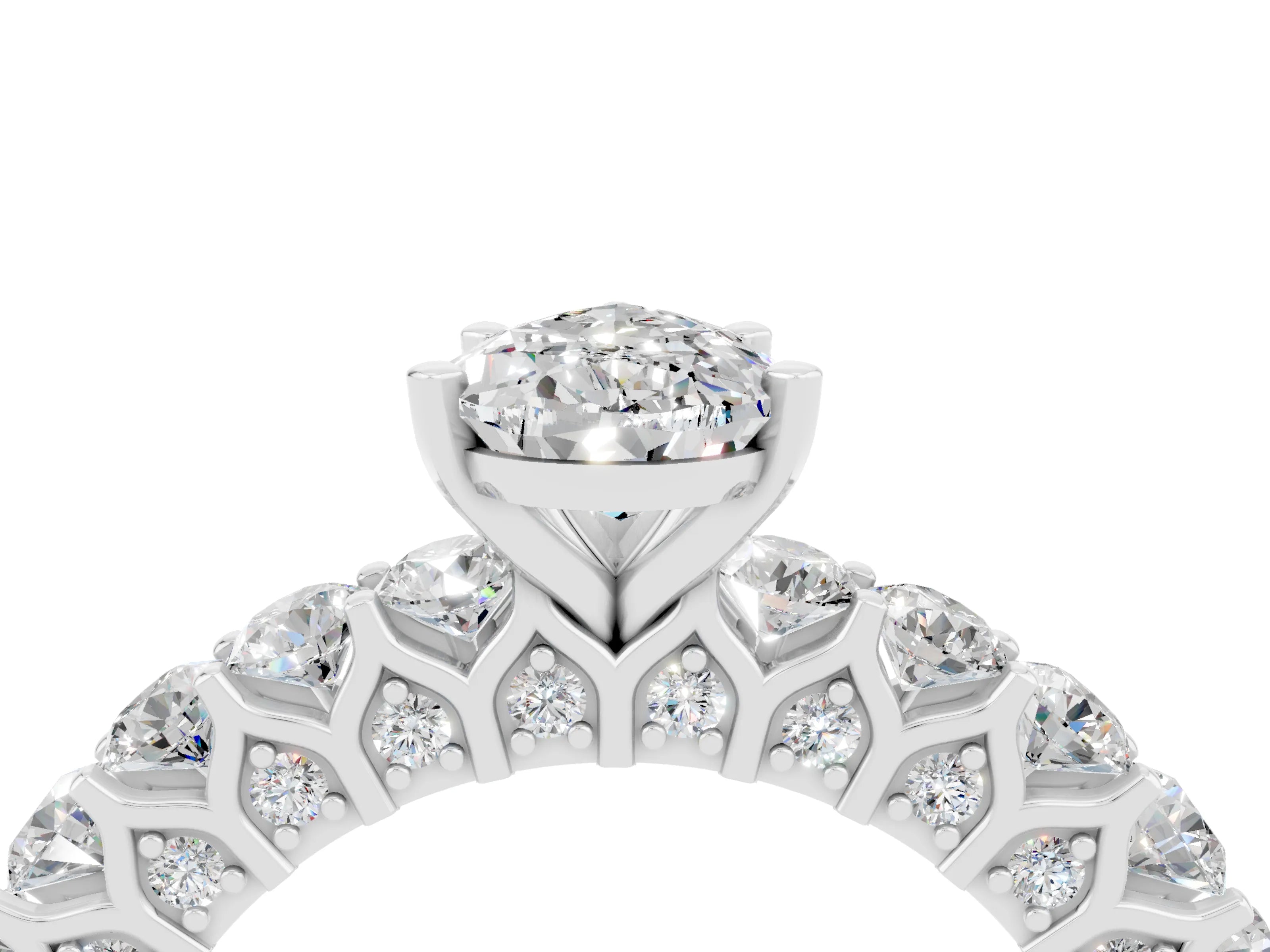 White gold Pear Cut Moissanite Solitaire Ring with Shared Prong Pavé Band and Four-Prong Setting_4