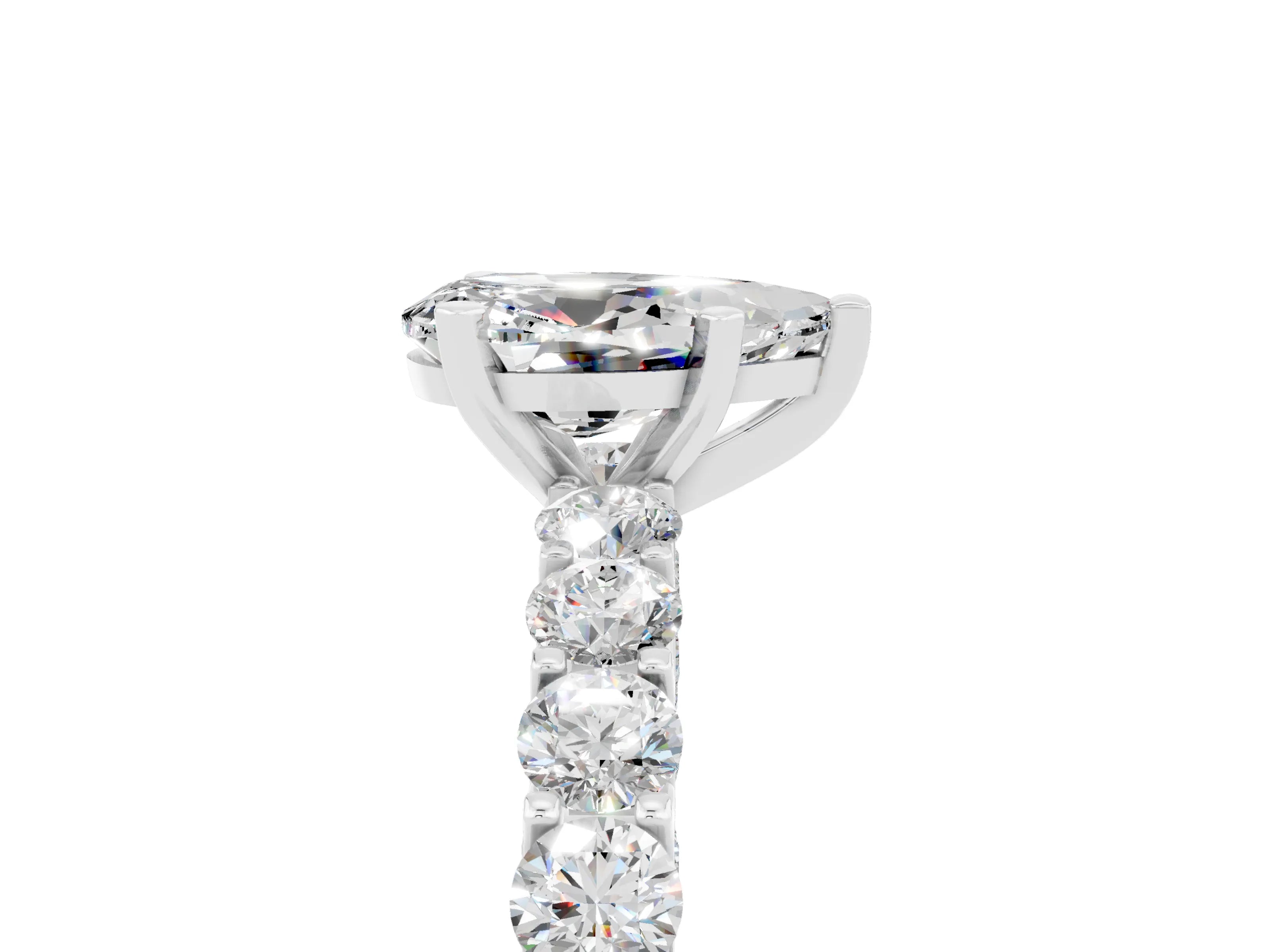 White gold Pear Cut Moissanite Solitaire Ring with Shared Prong Pavé Band and Four-Prong Setting_5