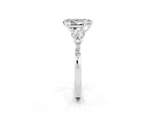 Platinum Pear Cut Moissanite Solitaire Ring with Side Stones and Four-Prong Setting